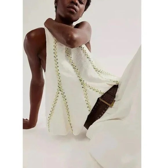 Free People Tops - Free People White and Green Embellished Tank Top